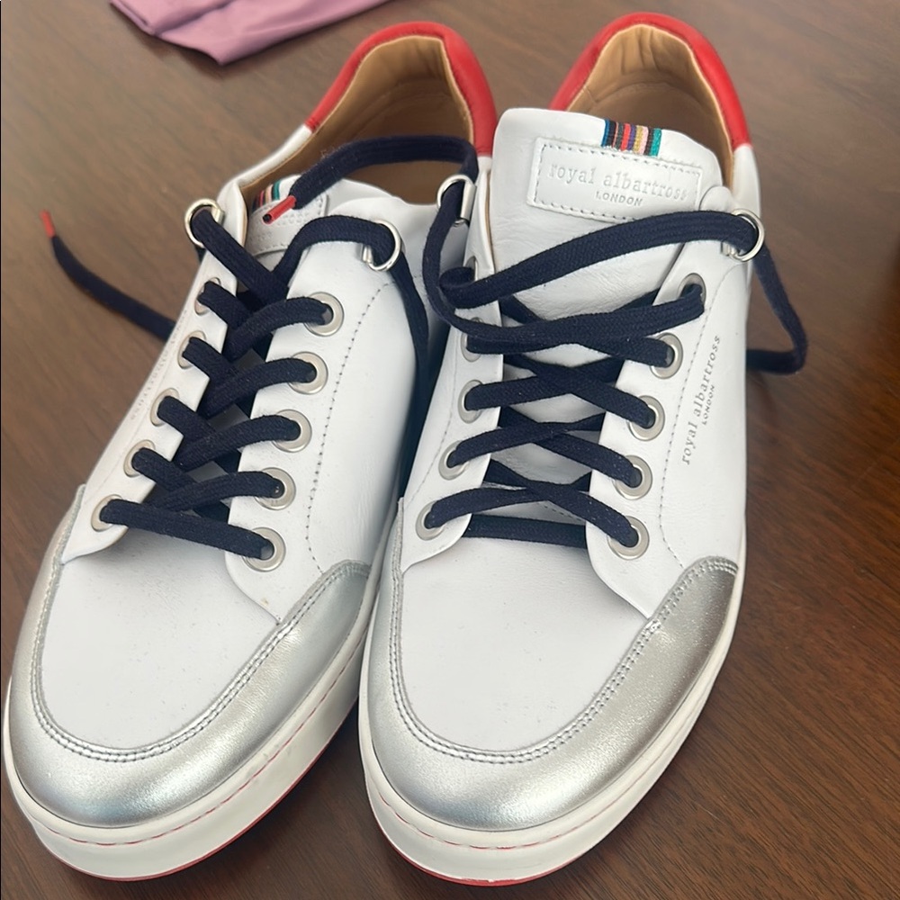 White and Silver Low-Top Sneakers with Metallic Accents